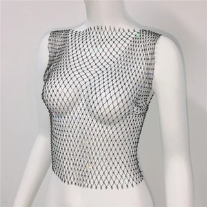 Close-up of black mesh fishnet tank top featuring shimmering colorful rhinestones