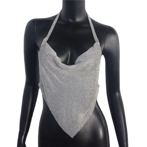 Sparkling silver rhinestone halter top with asymmetric hem and metal mesh for party wear