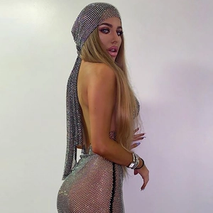 Sparkling silver rhinestone mesh turban and backless top set for festival rave parties