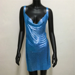 Detailed view of the sparkling royal blue sequin mini dress with a deep V cowl neckline