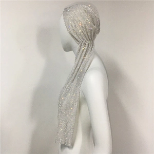 Detailed close-up of a sparkling silver rhinestone headscarf for party and clubwear