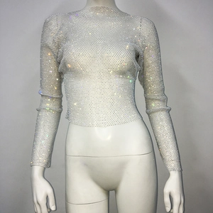 Close-up of sparkling rhinestone mesh long sleeve crop top with crew neck design
