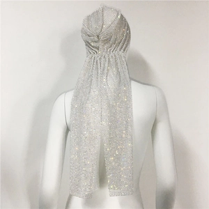 Detail of sparkling silver rhinestone mesh durag featuring long trailing back straps