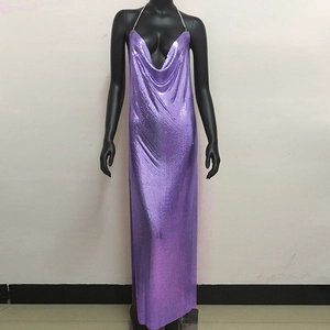 Detailed close-up of purple metallic mesh fabric on a sexy halter backless maxi dress