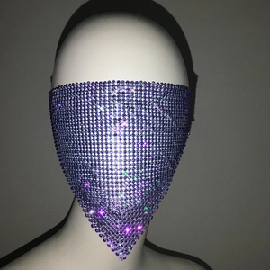Detail shot of purple rhinestone mesh mask with iridescent crystals on a white model