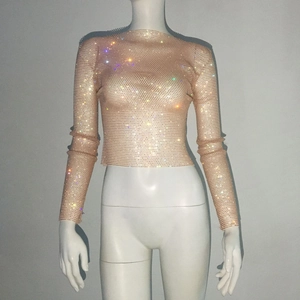 Detailed macro view of sheer mesh fabric with shimmering crystals on long sleeve top