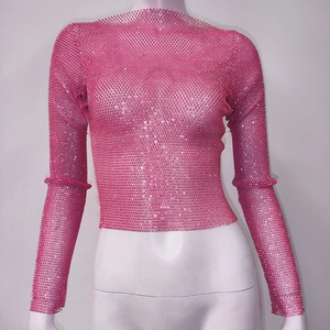 Detail of rose pink rhinestone mesh crop top showing sparkling crystal accents and long sleeves