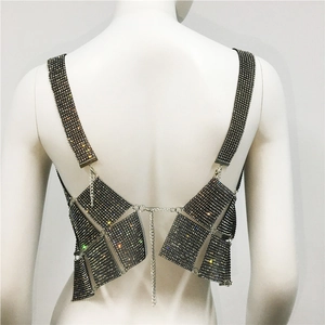 Detailed back view of rhinestone halter top featuring silver metal chains and open back style