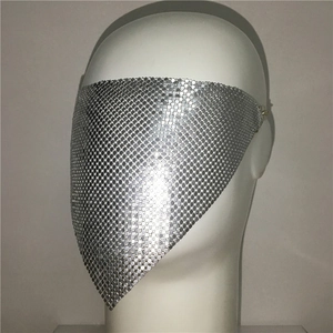 Detail of silver metallic sequin mesh mask with shimmering rhinestones for party fashion
