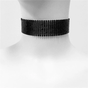 Close-up of black wide choker featuring metallic mesh sequins in punk matrix style
