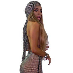 Silver rhinestone mesh headscarf and halter dress set for music festivals and parties