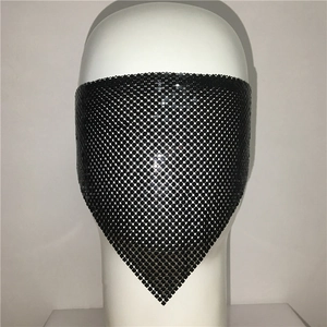 Detail of black metal mesh face mask with shimmering sequins in a triangular bandana style