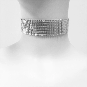 Detail of silver sequin choker necklace with hexagonal mesh design for punk parties