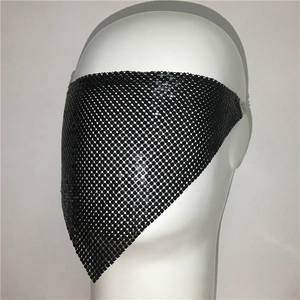 Detail view of black metal sequin mesh face mask with triangle chainmail design