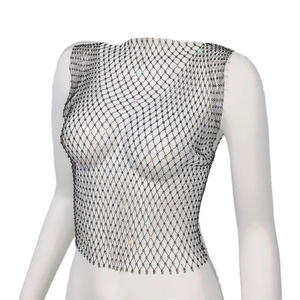 Sexy schwarzes Netz-Crop-Top mit bunten Strasssteinen für Damen Mode und Party