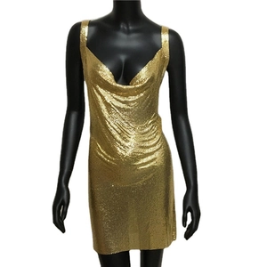 Metallic gold sequin mini dress with deep V-neckline and crisscross back for party wear