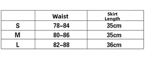 Size chart for sequin mini skirt showing waist and length measurements for sizes S, M, L