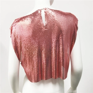 Detailed back view of rose gold chainmail crop top with metal buckle and keyhole cut