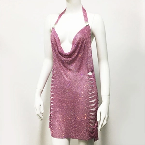 Mini abito in maglia metallica rosa con scollo all'americana e dettagli cut-out laterali
