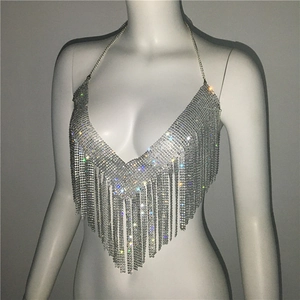 Vue détaillée de la chaîne de corps argentée à strass avec licou et détails de franges