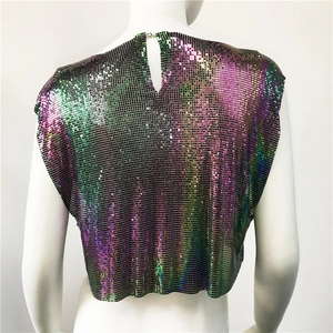 Detailed back view of iridescent sequin crop top featuring a keyhole and metal hook closure