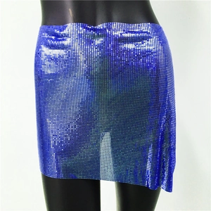 Macro view of sapphire blue sequin metal mesh mini skirt showing texture and shine