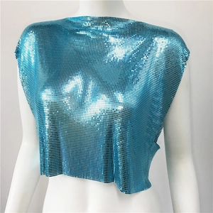 Close-up of bright blue metallic sequin tank top with reflective chainmail texture