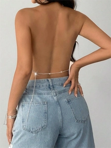 Sparkling silver rhinestone body chain with halter back detail for party and nightclub wear