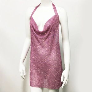 Detailed view of pink rhinestone sequin mini dress with halter neck and chainmail texture