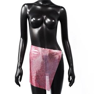 Detailed view of pink metal mesh sequin mini skirt with asymmetrical cut for party wear