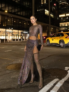 Women Sexy Rhinestone Mesh Long Sleeve Crop Top See-Through Glitter Fishnet Party Nightclub Sparkly Top For Women