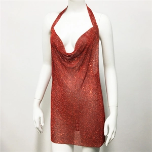 Detail of red metallic mesh mini dress with deep V-neck and sparkling rhinestone finish