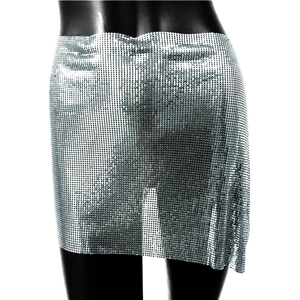 Detail of silver metallic mesh mini skirt showing reflective sequin texture and link design