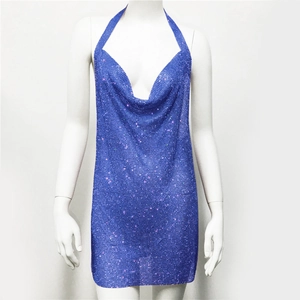 Detail of royal blue sequin mini dress with deep V-neck and sparkling metallic mesh fabric