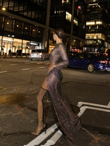 Sparkly rhinestone mesh two-piece long sleeve top and high slit skirt set for women