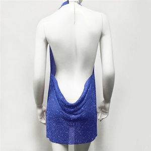 Macro shot of electric blue sequin mini dress featuring a backless cowl neck design