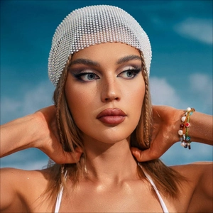 Sparkling white rhinestone mesh headscarf and turban for outdoor fashion beachwear