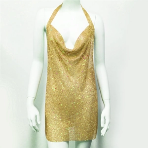 Detail of gold metal sequin mini dress featuring a draped cowl neck for party wear