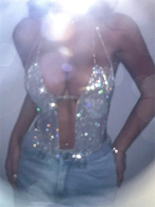 Sexy Halter Rhinestone Metal Top Deep V Backless Mesh Tank Top Nightclub Party Sparkly Clubwear Vest Gold Silver Black