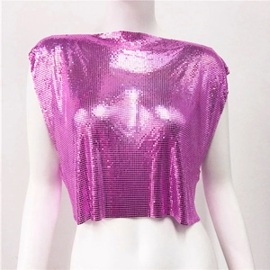 Detailed view of rose purple metallic sequin mesh fabric on a stylish crop top tank