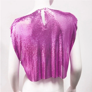 Detail of purple sequin chainmail top with back teardrop cutout on a mannequin