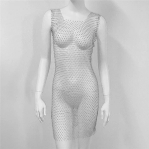 Detailed view of rhinestone mesh dress fabric showing sparkling crystal mesh textures