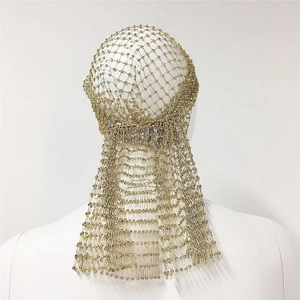 Detailed close-up of luxury gold mesh headpiece with sparkling crystals and long draping veil