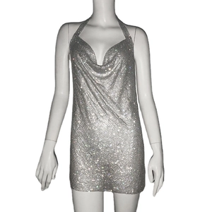 Sparkly silver halter neck metal mesh dress with sexy cowl neck for party and clubwear