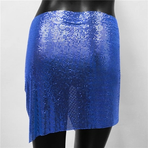 Detailed view of shimmering blue metallic sequin mini skirt on a black display mannequin
