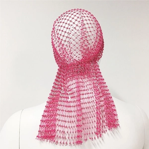 Detail of rose red beaded hair net with sparkling rhinestones and long tail design