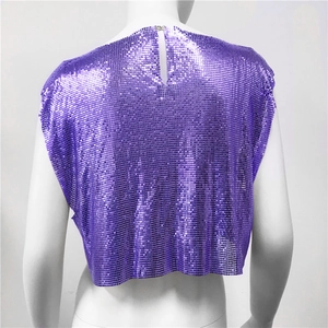 Detail view of purple metallic mesh sequin top back with hollow cutout and metal buckle