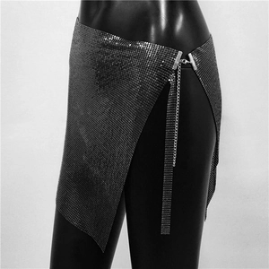 Detail view of metallic sequin mesh skirt with adjustable chain link closure