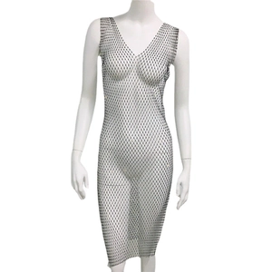 Sexy black fishnet bodycon dress with rhinestone mesh and V-neck styling for women