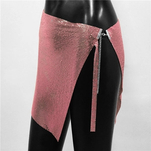 Detail of pink metal sequin mini skirt with side chain closure for party wear